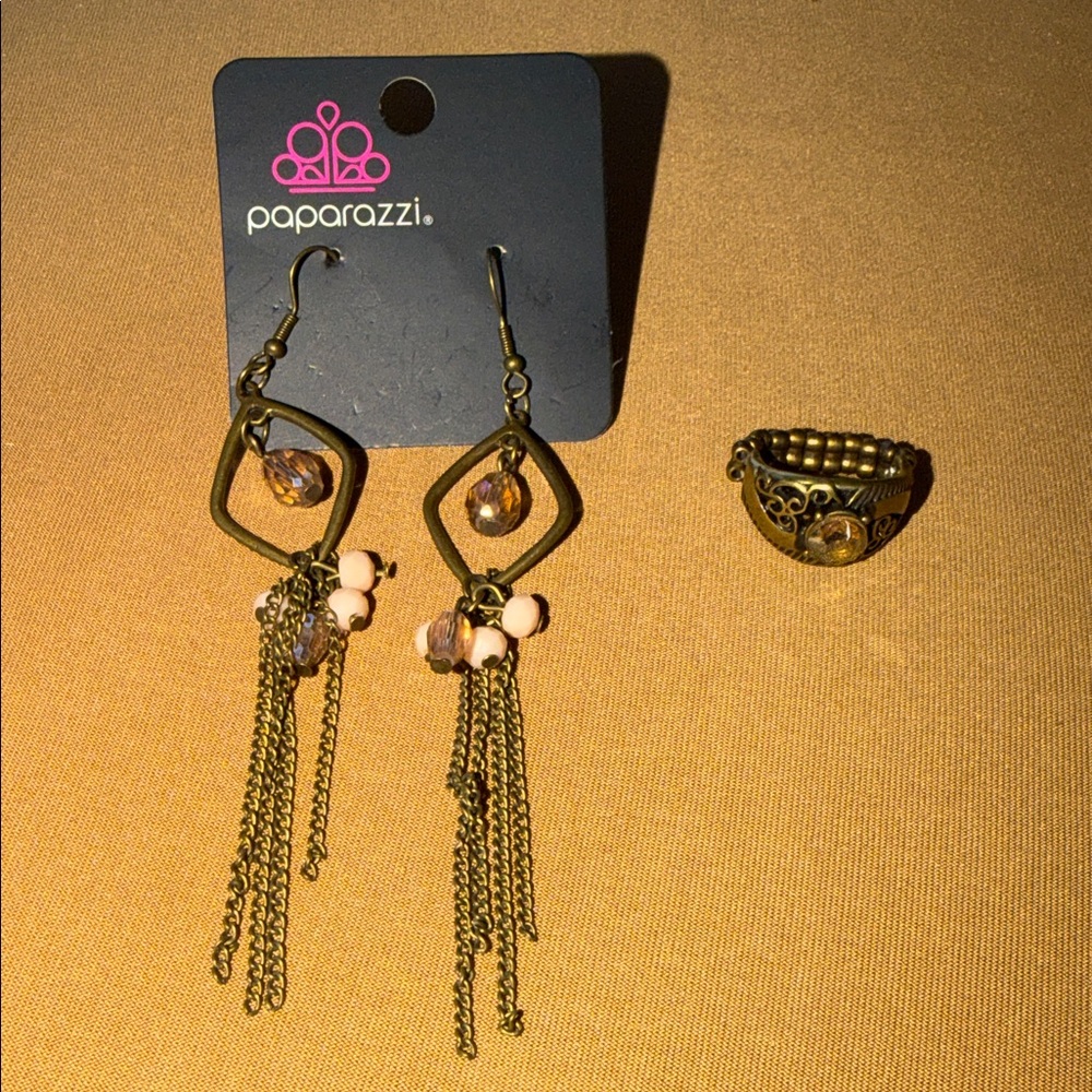 Paparazzi Gold and Pink Dangle Earrings with Ring Set